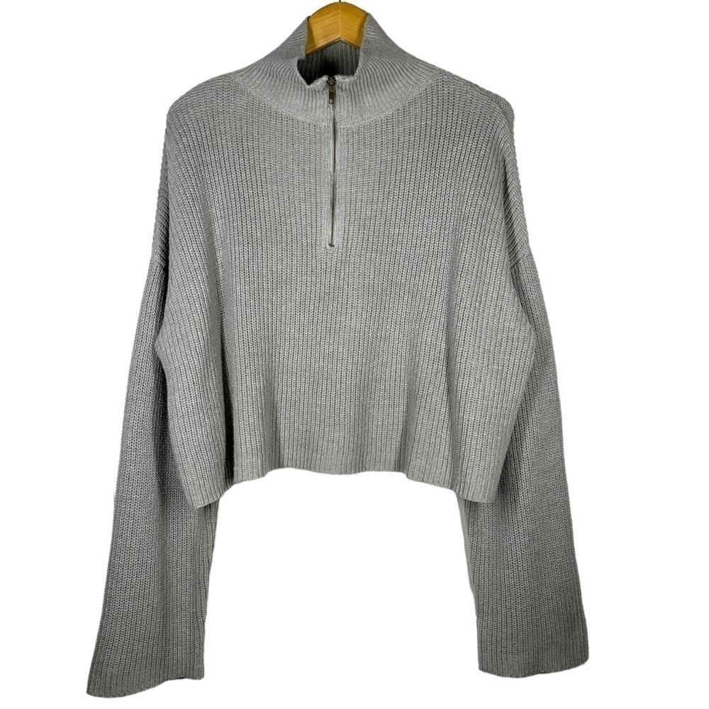 Sisters + Seekers Ribbed 1/2 Zip Cropped Knit Jumper in Gray UK 12 US 8
